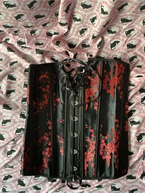Black Satin Red Floral Corset Top